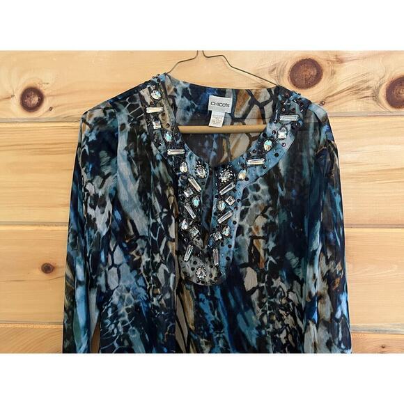 Chico's women's sheer embellished beaded multi color top/blouse. Size 1. - Picture 2 of 10
